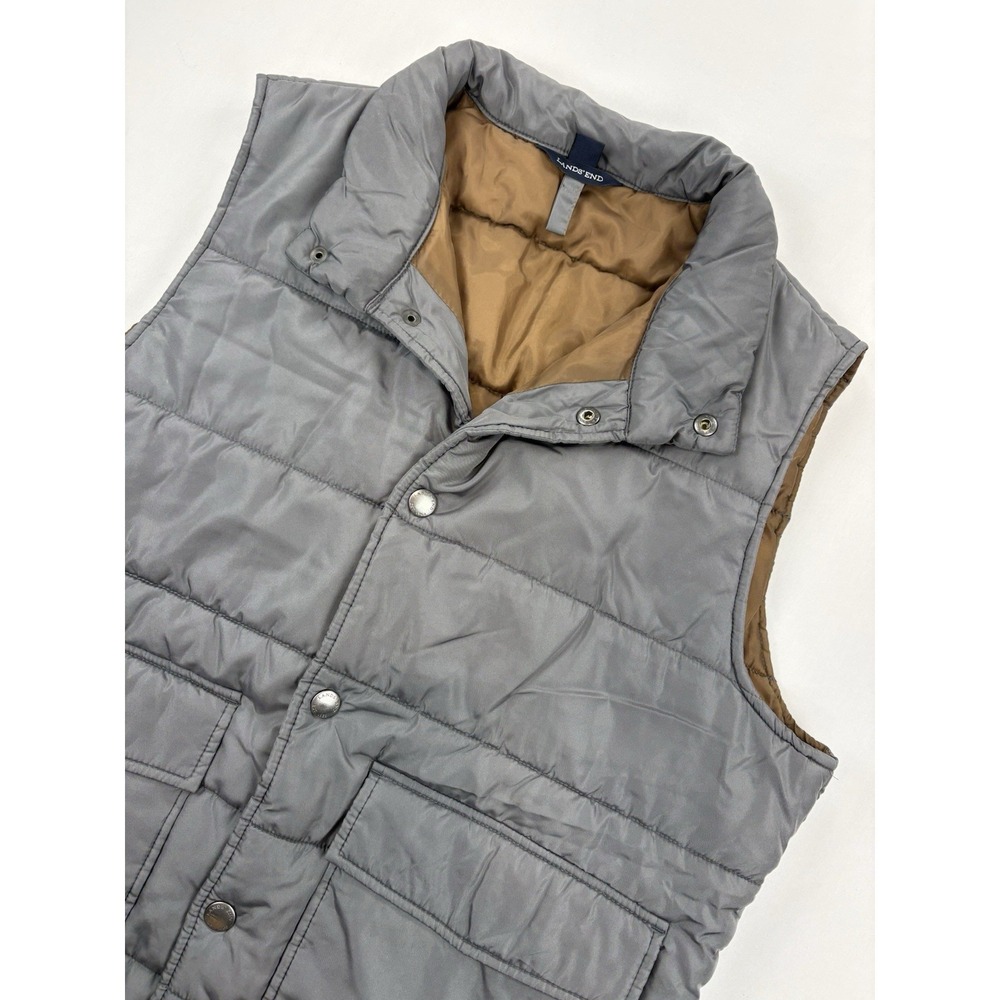 Lands End Men's Medium Puffer Vest Snap Button Pockets Gray